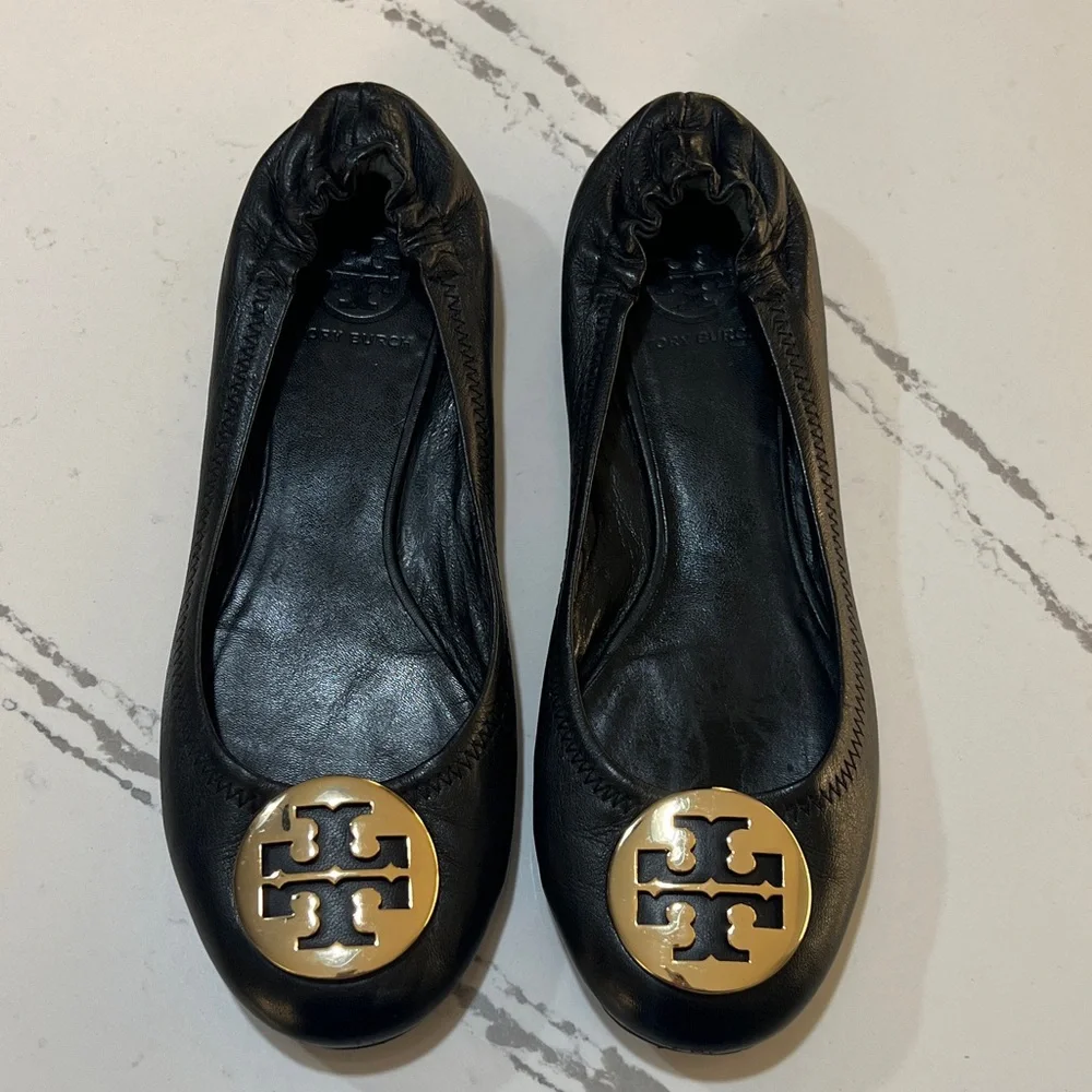 Tory Burch Reva leather Ballet Black Flats with Gold Logo size 8M